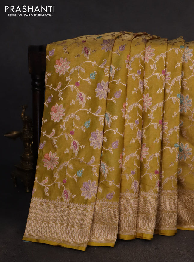 Banarasi tissue silk saree lime yellow with allover floral zari woven brocade weaves and zari woven border