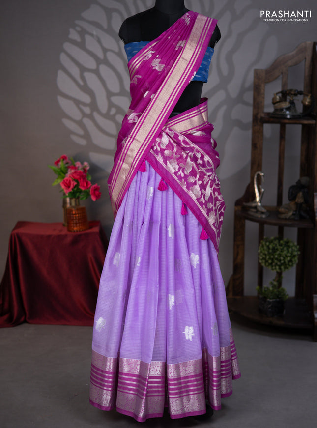Cotton zari kota lehenga lavender and purple with silver zari woven buttas and long silver zari woven border