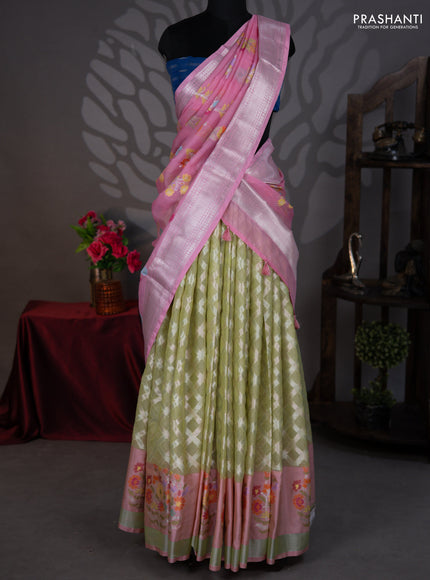 Cotton zari kota lehenga piata green and pink with allover jamdhani weaves and jamdhani butta border