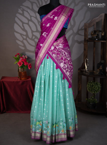 Cotton zari kota lehenga teal and purple with allover jamdhani weaves and zari woven butta border