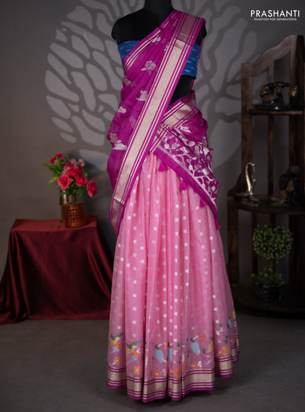 Cotton zari kota lehenga pink and purple with allover jamdhani weaves and zari woven butta border