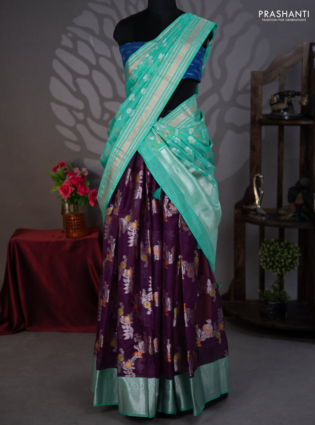 Cotton zari kota lehenga wine and green with allover jamdhani weaves and silver zari woven border