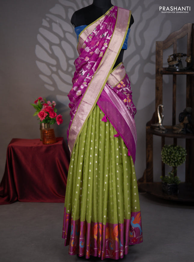 Cotton zari kota lehenga green and purple with silver zari woven buttas and jamdhani border
