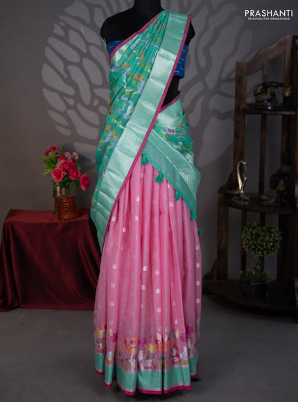 Cotton zari kota lehenga pink and green with allover jamdhani weaves and silver zari woven border