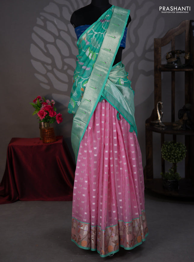 Cotton zari kota lehenga pink and green with silver zari woven buttas and jamdhani border