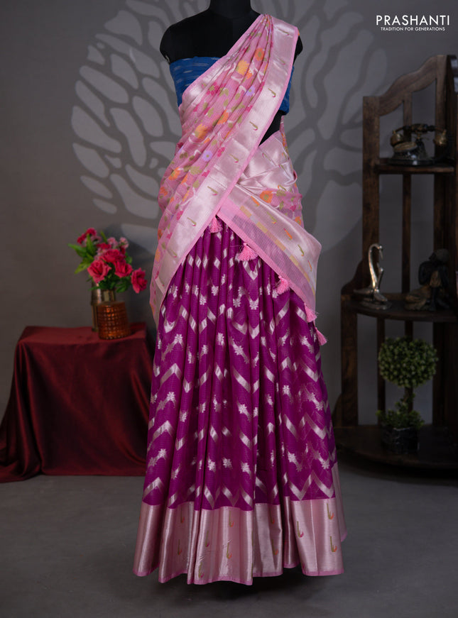 Cotton zari kota lehenga purple and pink with allover zig zag zari weaves and long silver zari woven border