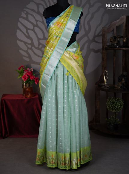 Cotton zari kota lehenga teal green and lime green with silver zari woven buttas and jamdhani border