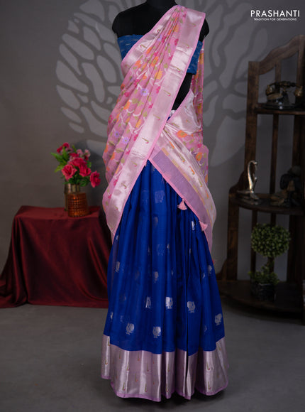 Cotton zari kota lehenga blue and light pink with silver zari woven peacock buttas and jamdhani border