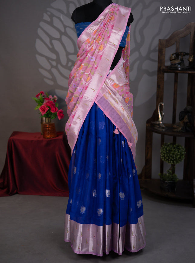 Cotton zari kota lehenga blue and light pink with silver zari woven peacock buttas and jamdhani border