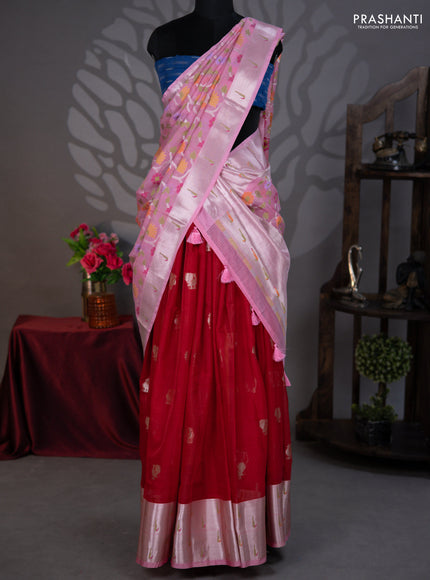Cotton zari kota lehenga red and light pink with silver zari woven annam buttas and muniya border
