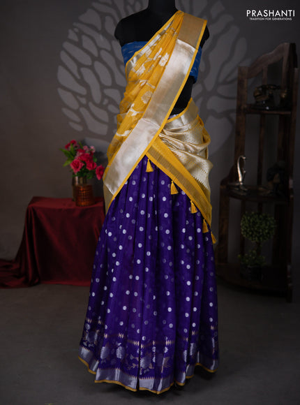 Cotton zari kota lehenga voilet and yellow with silver zari woven buttas and floral zari woven border