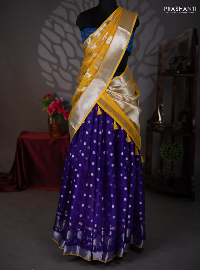 Cotton zari kota lehenga voilet and yellow with silver zari woven buttas and floral zari woven border