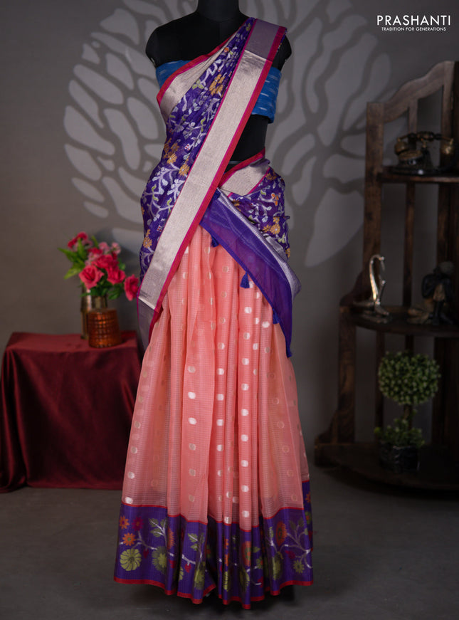 Cotton zari kota lehenga peach pink and voilet with silver zari woven buttas and jamdhani border