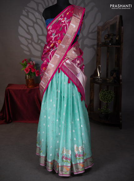 Cotton zari kota lehenga teal blue and dark pink with silver zari woven buttas and jamdhani border