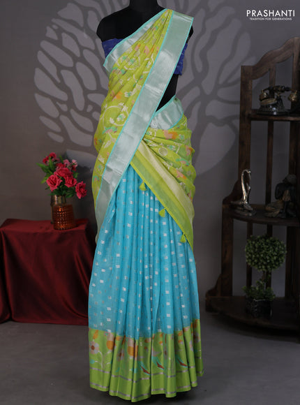 Cotton zari kota lehenga light green and lime green with silver zari woven buttas and jamdhani border