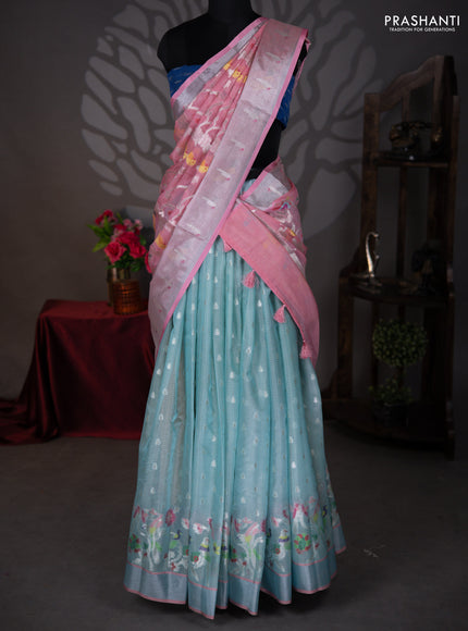 Cotton zari kota lehenga teal blue and pink with allover jamdhani weaves and silver zari woven border
