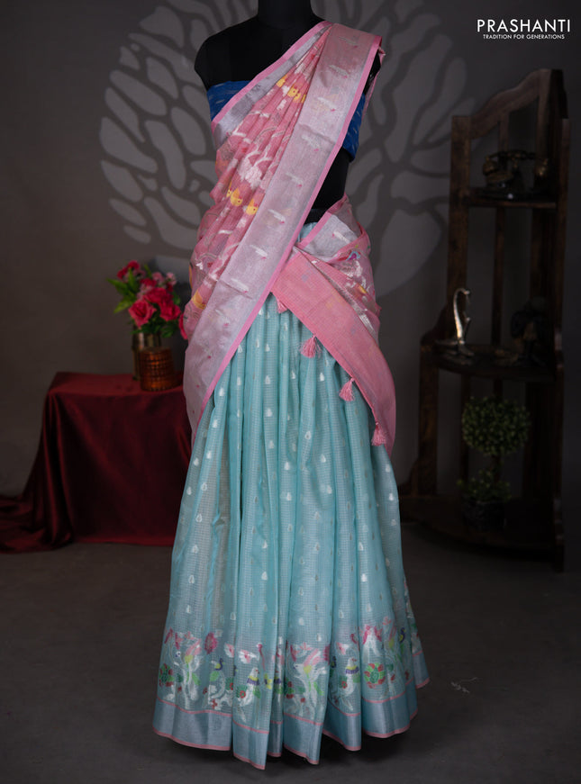 Cotton zari kota lehenga teal blue and pink with allover jamdhani weaves and silver zari woven border