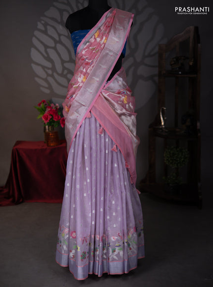 Cotton zari kota lehenga lavender and pink with allover jamdhani weaves and silver zari woven border