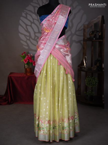 Cotton zari kota lehenga pista green and pink with allover jamdhani weaves and silver zari woven border