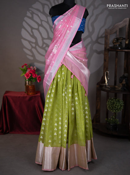 Cotton zari kota lehenga light green and pink with silver zari woven buttas and long silver zari woven border