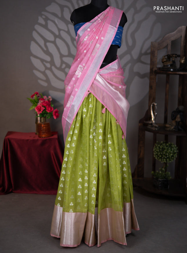 Cotton zari kota lehenga light green and pink with silver zari woven buttas and long silver zari woven border