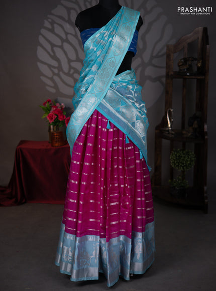 Cotton zari kota lehenga  teal blue and pink with zari stripes patten and long silver zari woven border