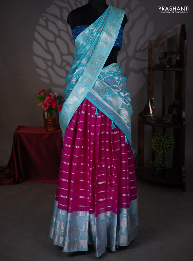 Cotton zari kota lehenga  teal blue and pink with zari stripes patten and long silver zari woven border