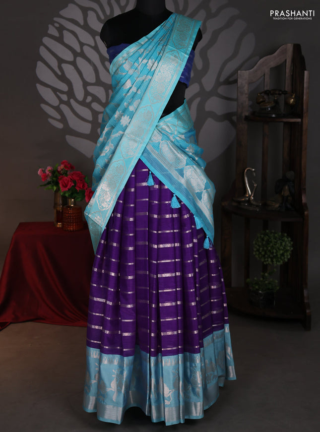 Cotton zari kota lehenga voilet and teal blue with allover jamdhani weaves and long silver zari woven border