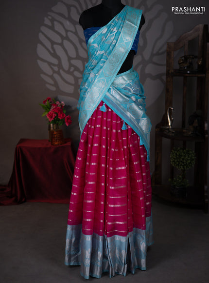 Cotton zari kota lehenga teal blue and pink with zari stripes patten and long silver zari woven border
