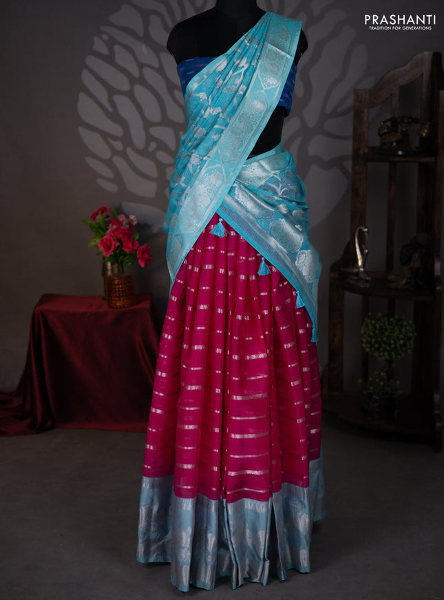 Cotton zari kota lehenga teal blue and pink with zari stripes patten and long silver zari woven border