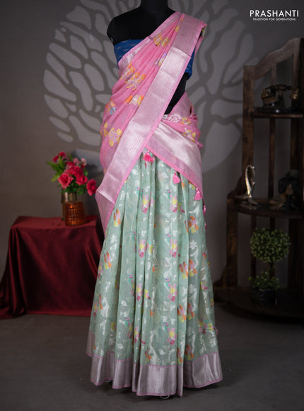 Cotton zari kota lehenga teal green and pink with allover jamdhani weaves and silver zari woven border