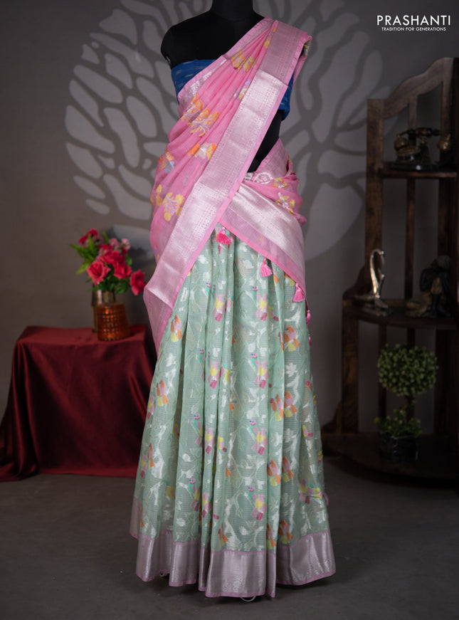 Cotton zari kota lehenga teal green and pink with allover jamdhani weaves and silver zari woven border