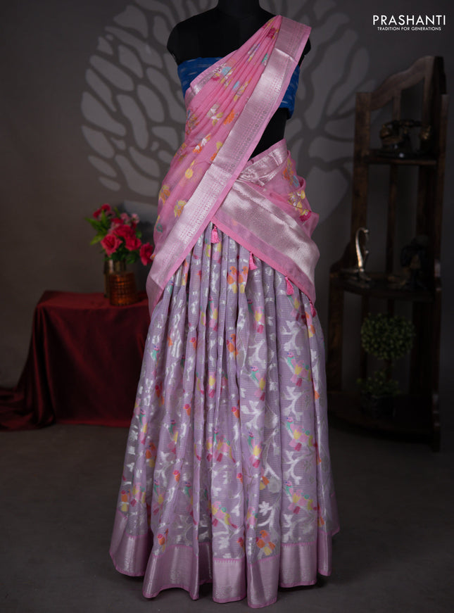 Cotton zari kota lehenga lavender and pink with allover jamdhani weaves and silver zari woven border