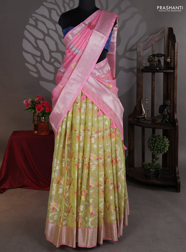 Cotton zari kota lehenga lime yellow and light pink with allover jamdhani weaves and silver zari woven border