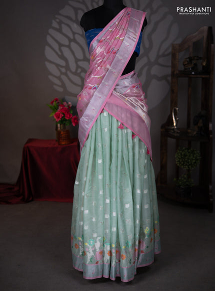 Cotton zari kota lehenga teal green and pink with allover jamdhani weaves and silver zari woven border