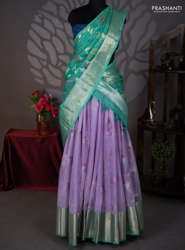 Cotton zari kota lehenga lavender and green with allover jamdhani weaves and muniya border