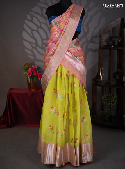 Cotton zari kota lehenga lime green and peach pink with allover jamdhani weaves and muniya butta border
