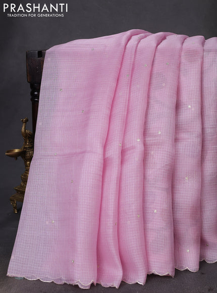 Pure silk kota saree mild lavender with sequin buttas and scallop design border Kalamkari prints pita work blouse