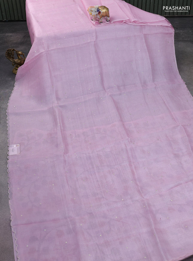 Pure silk kota saree mild lavender with sequin buttas and scallop design border Kalamkari prints pita work blouse