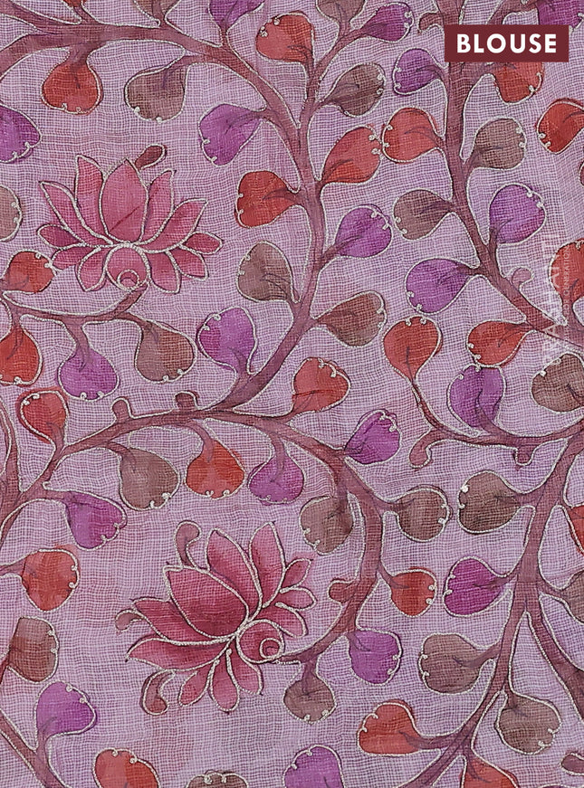 Pure silk kota saree mild lavender with sequin buttas and scallop design border Kalamkari prints pita work blouse