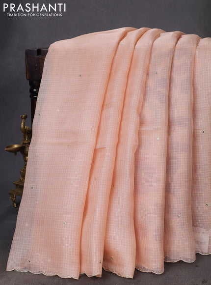 Pure silk kota saree pale orange with sequin buttas and scallop design border Kalamkari prints pita work blouse