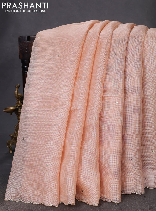 Pure silk kota saree pale orange with sequin buttas and scallop design border Kalamkari prints pita work blouse