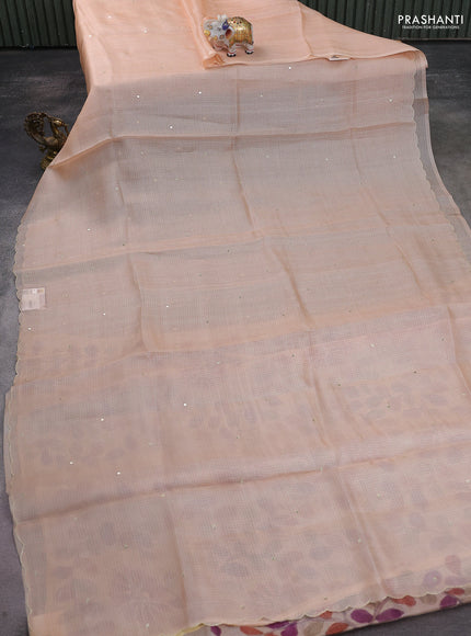 Pure silk kota saree pale orange with sequin buttas and scallop design border Kalamkari prints pita work blouse