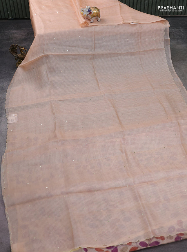 Pure silk kota saree pale orange with sequin buttas and scallop design border Kalamkari prints pita work blouse