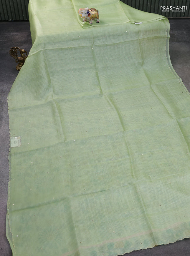 Pure silk kota saree pista green with sequin buttas and scallop design border Kalamkari prints pita work blouse