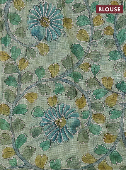 Pure silk kota saree pista green with sequin buttas and scallop design border Kalamkari prints pita work blouse