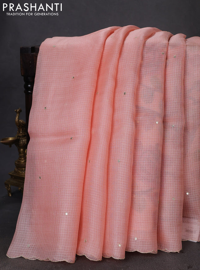 Pure silk kota saree peach orange with sequin buttas and scallop design border Kalamkari prints pita work blouse