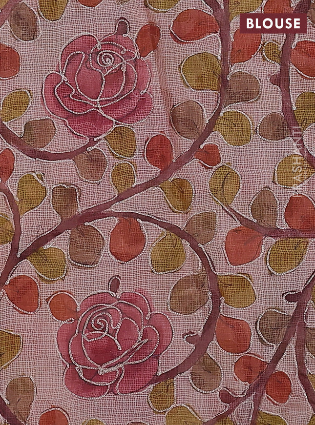 Pure silk kota saree peach orange with sequin buttas and scallop design border Kalamkari prints pita work blouse