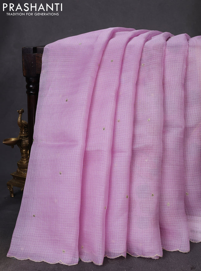 Pure silk kota saree mild lavender with sequin buttas and scallop design border Kalamkari prints pita work blouse