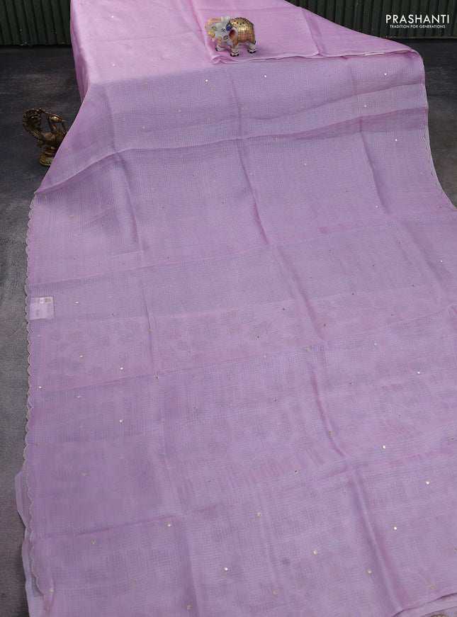 Pure silk kota saree mild lavender with sequin buttas and scallop design border Kalamkari prints pita work blouse